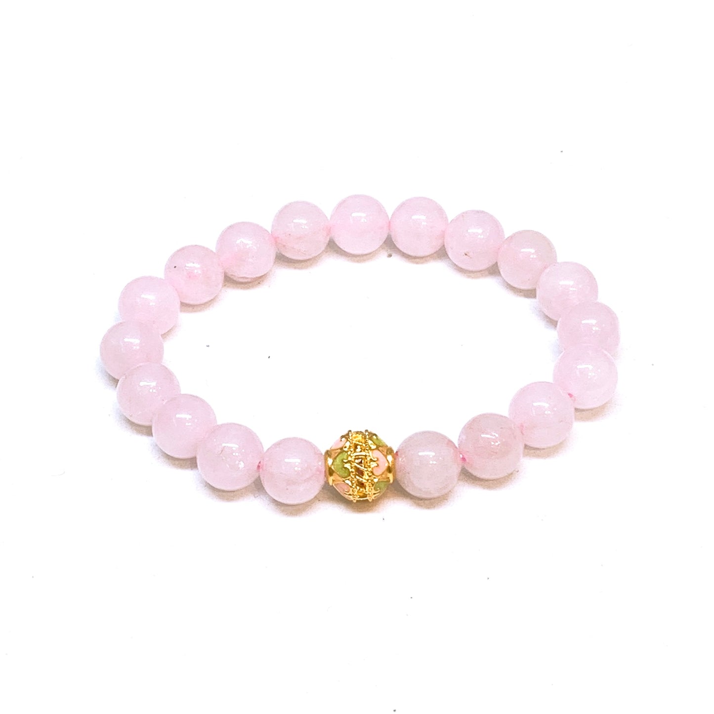 Pure Gold Enamel Bead Charm With Rose Quartz Beads Bracelet