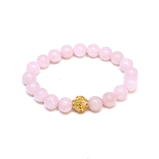 Pure Gold Enamel Bead Charm With Rose Quartz Beads Bracelet
