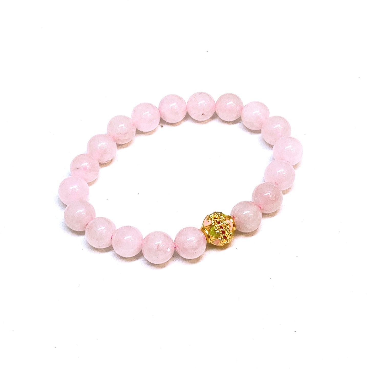 Pure Gold Enamel Bead Charm With Rose Quartz Beads Bracelet