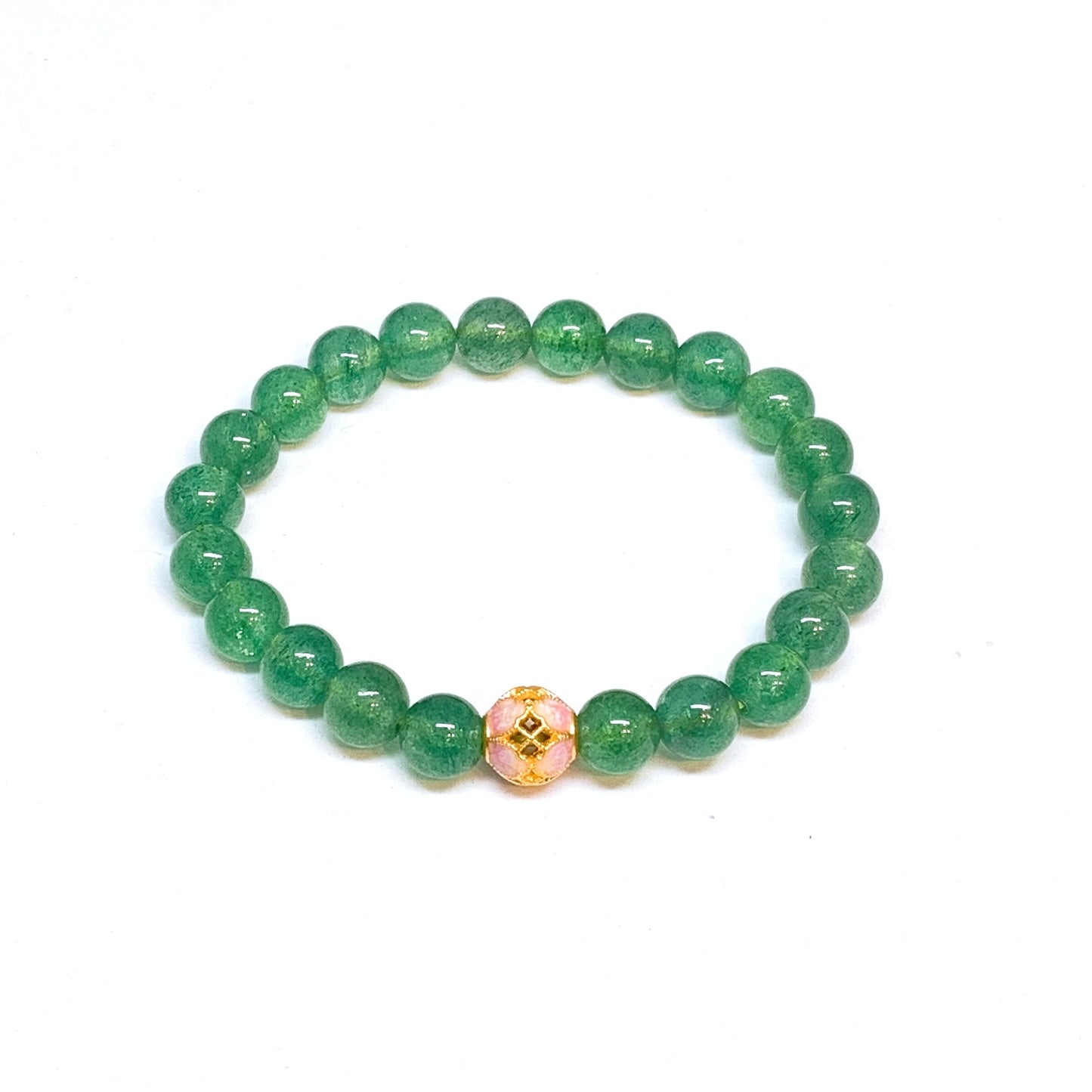 Pure Gold Enamel Bead Charm With Green Strawberry Quartz Beads Bracelet