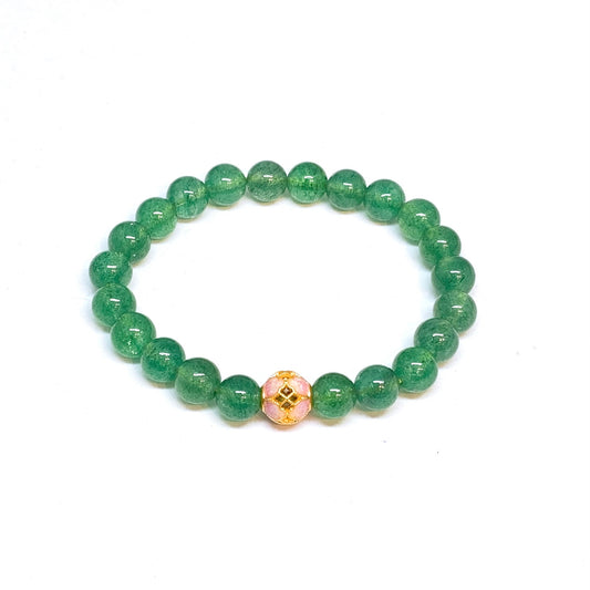 Pure Gold Enamel Bead Charm With Green Strawberry Quartz Beads Bracelet