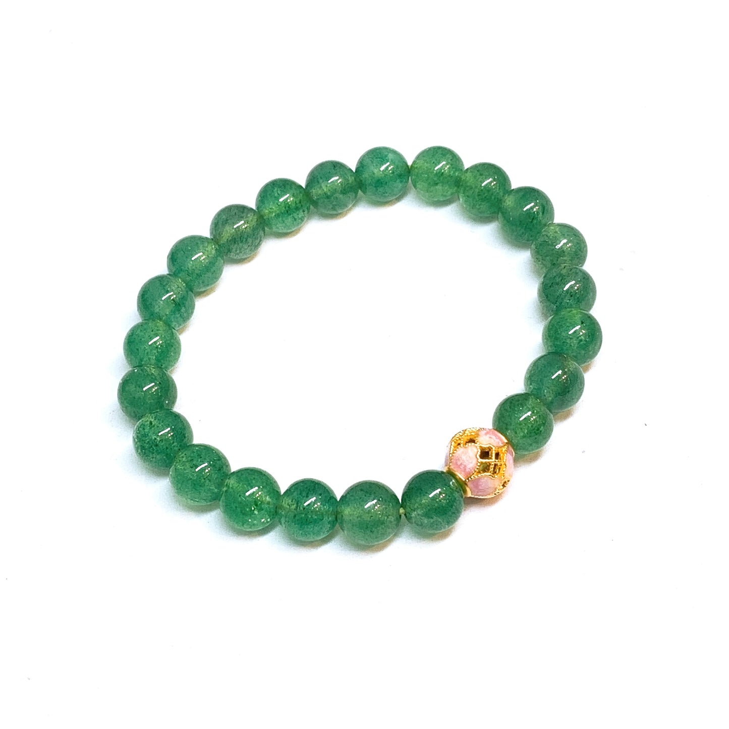 Pure Gold Enamel Bead Charm With Green Strawberry Quartz Beads Bracelet