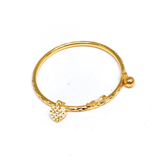 Hammered Cutting Round Baby Bangle ( Dangling Bell and Heart )