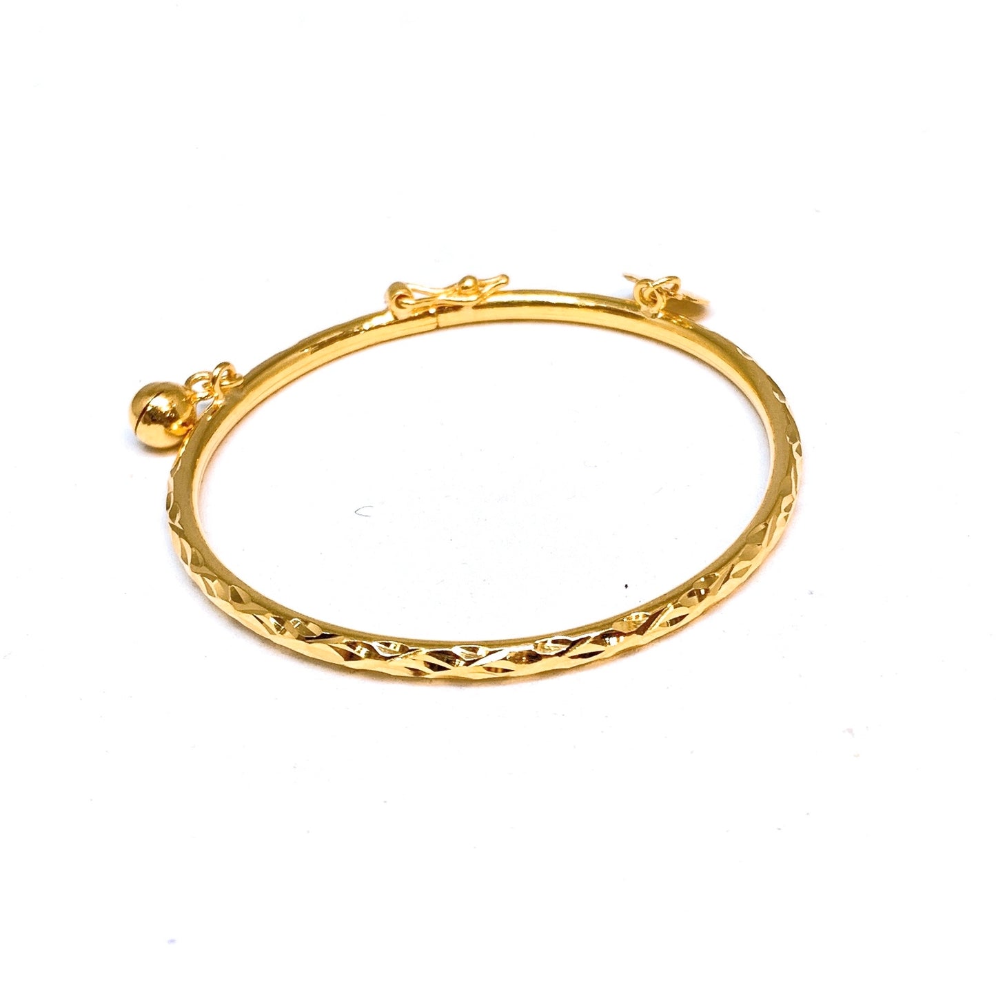 Hammered Cutting Round Baby Bangle ( Dangling Bell and Heart )