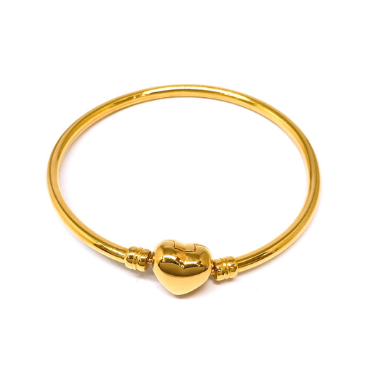 Polished Heart Clasp Charm Collector Bangle - Oval