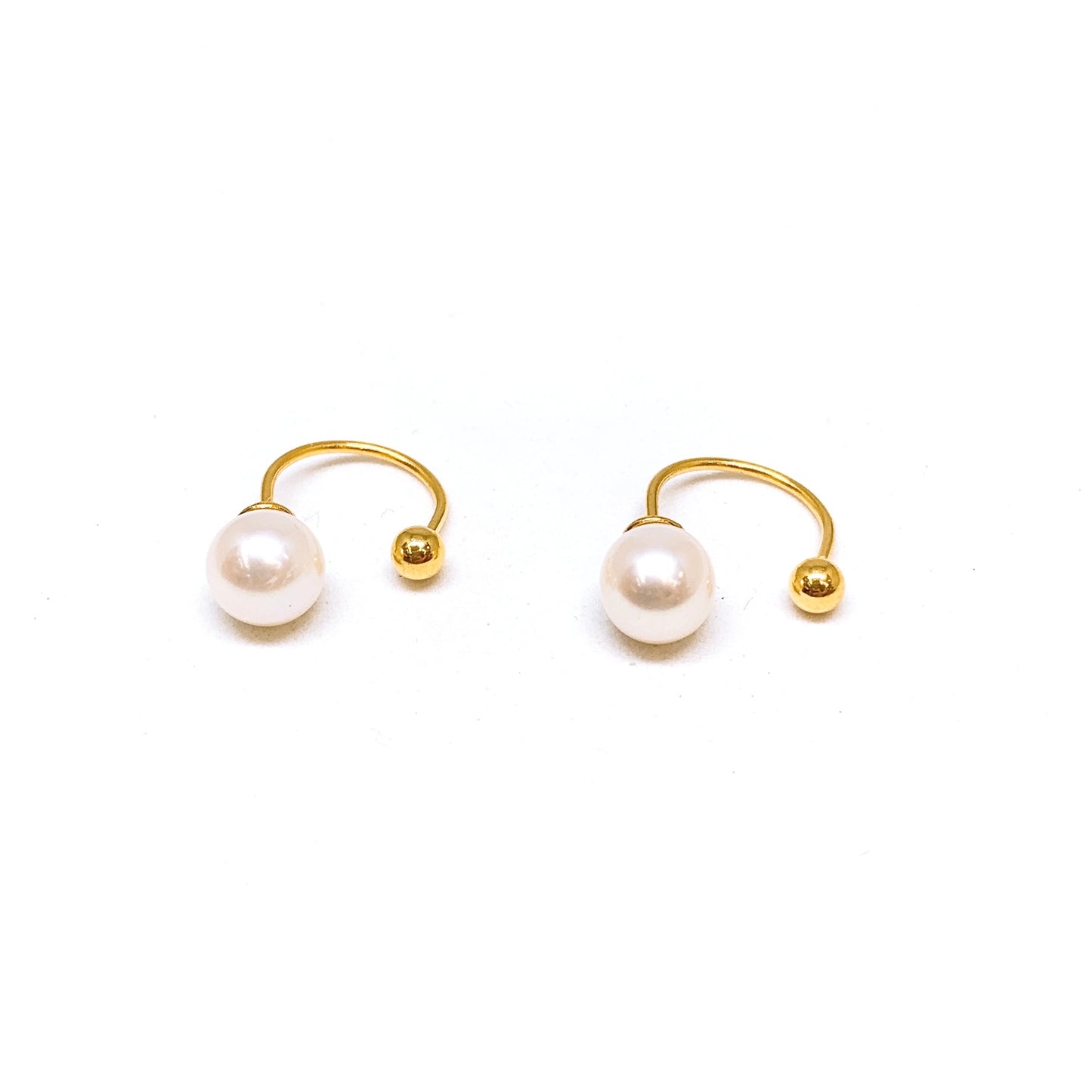 Pearl and Mini Gold Bead C Hoop Earrings