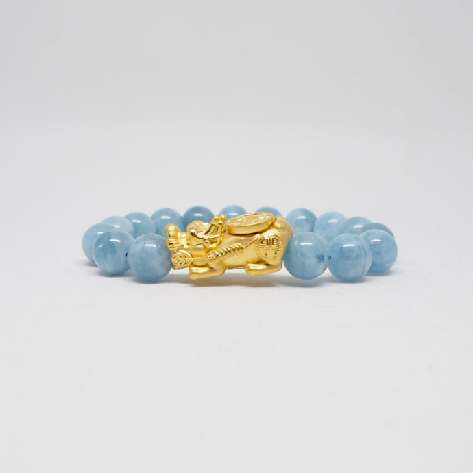 Gold Spinning Back Pixiu With Aquamarine Beads Bracelet