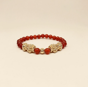 Gold Pi Xiu With Red Agate Beads Bracelet