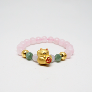 Gold Fortune Cat with Jade and Rose Quartz Bracelet