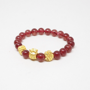 Gold Blossom Flowers and Money Bag with Strawberry Quartz Beads Bracelet